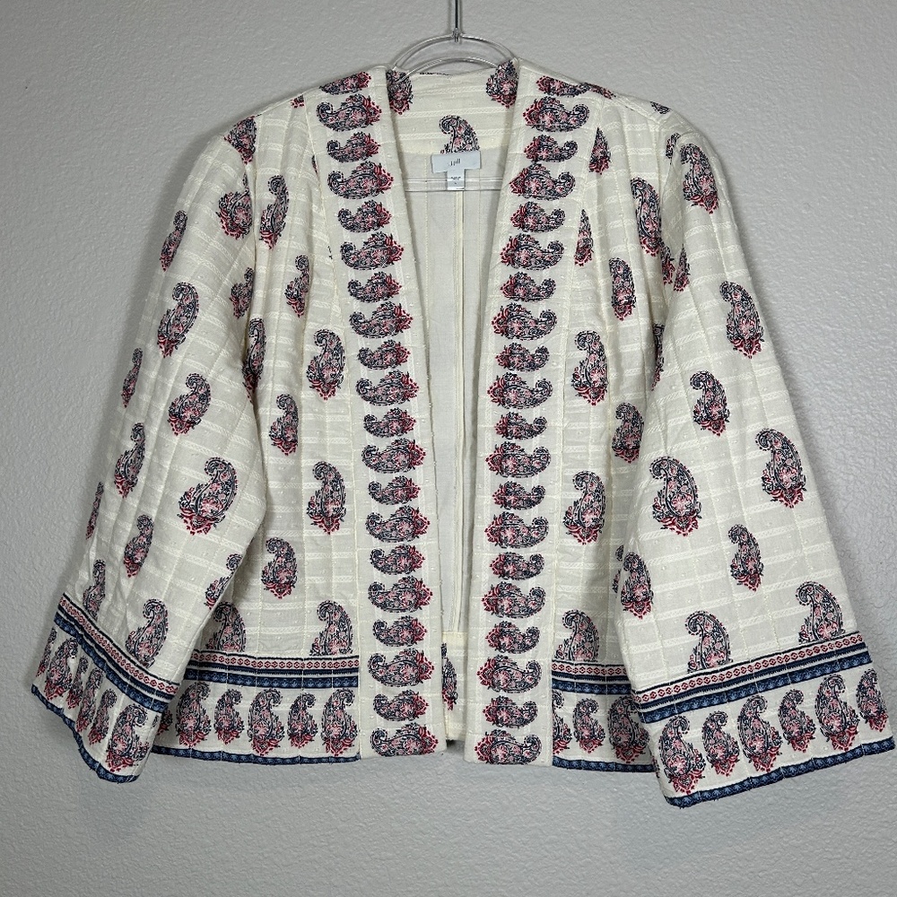 J. Jill size L quilted boxy jacket boho ivory paisley open front texture cotton
